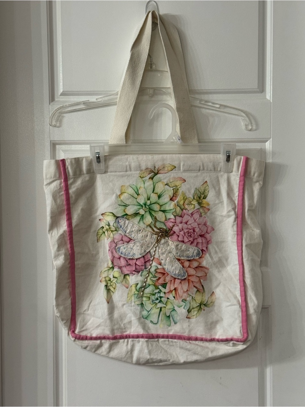Canvas Floral Dragonfly Tote Bag - Pink Trim